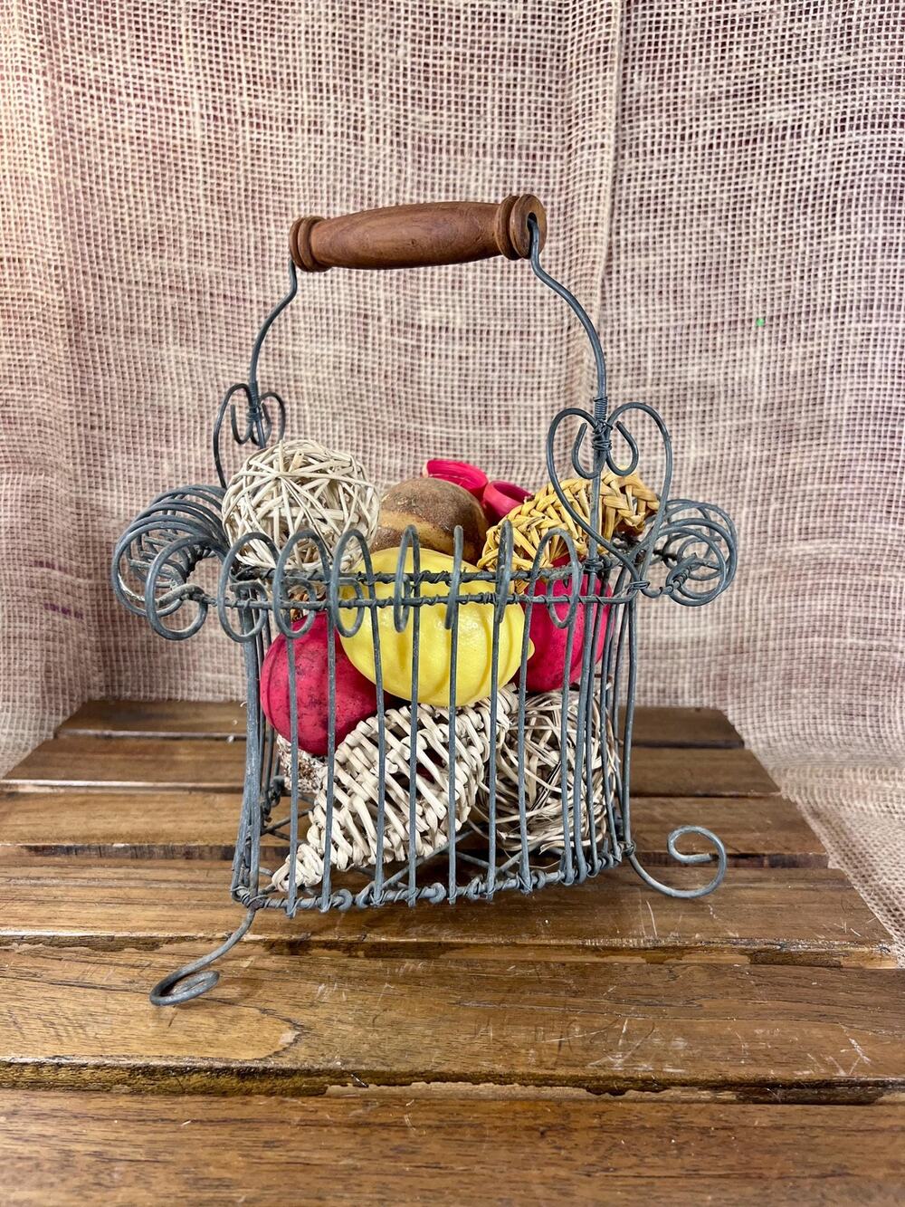 Vintage French Heart Shaped Wooden Handle Wired Basket~Home Decor ~Boho Decor